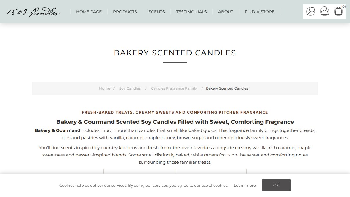 Screenshot of Bakery Scented Candles page on 1803candles.com