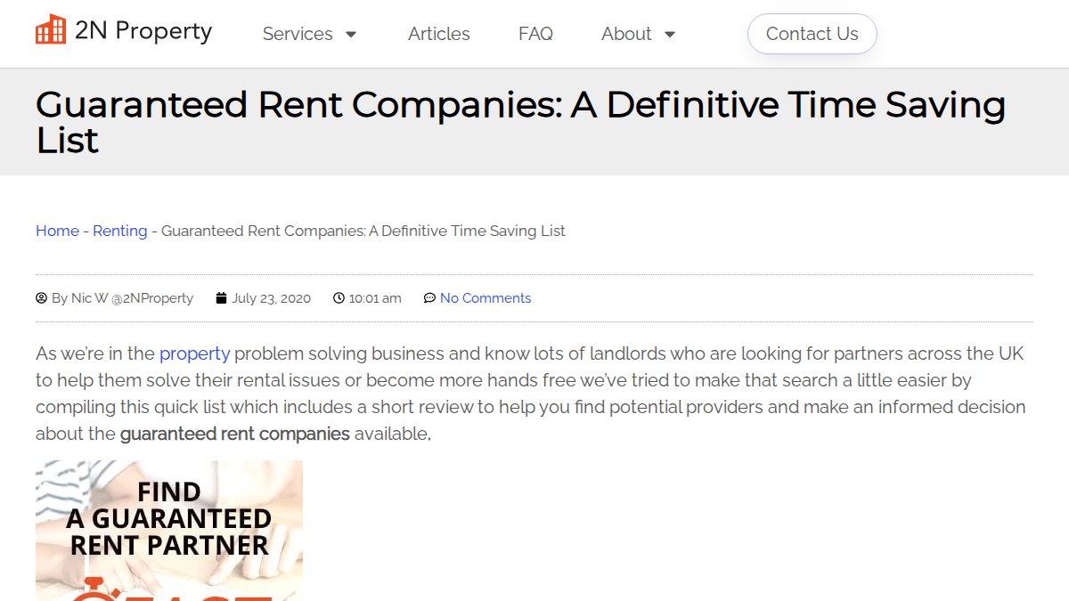 Screenshot of Guaranteed Rent Companies page on 2nproperty.co.uk