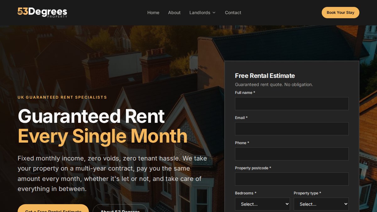 Screenshot of Guaranteed Rent page on 53degreesproperty.com