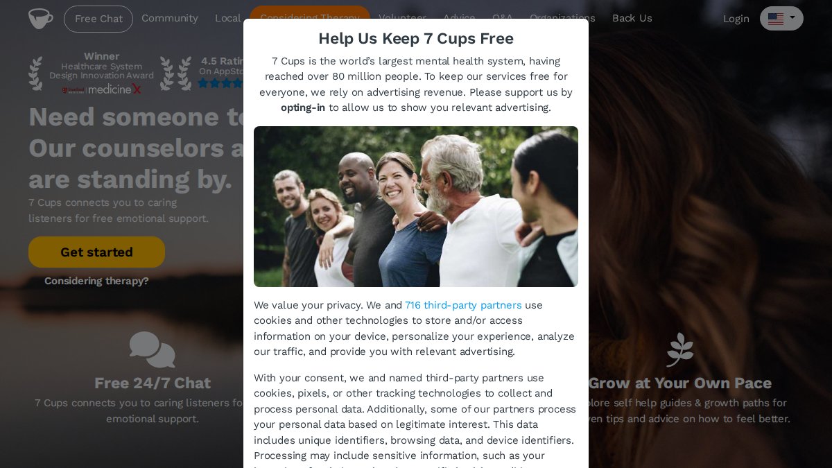 Screenshot of 7cups.com interface
