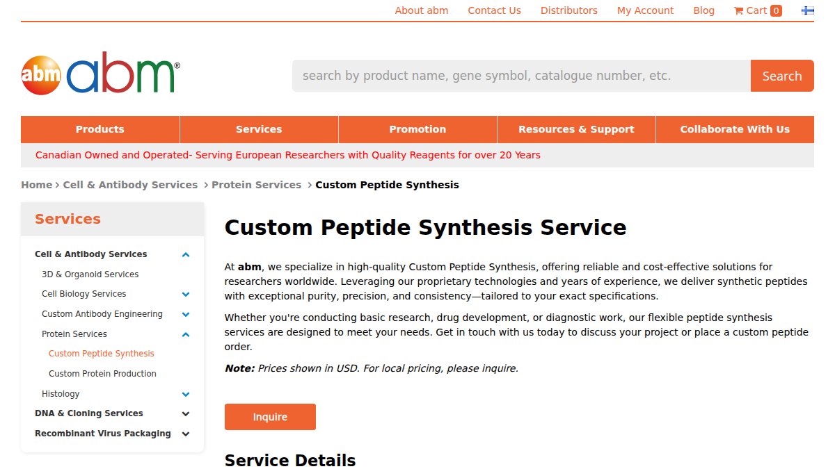 Screenshot of Custom Peptide Synthesis page on abmgood.com