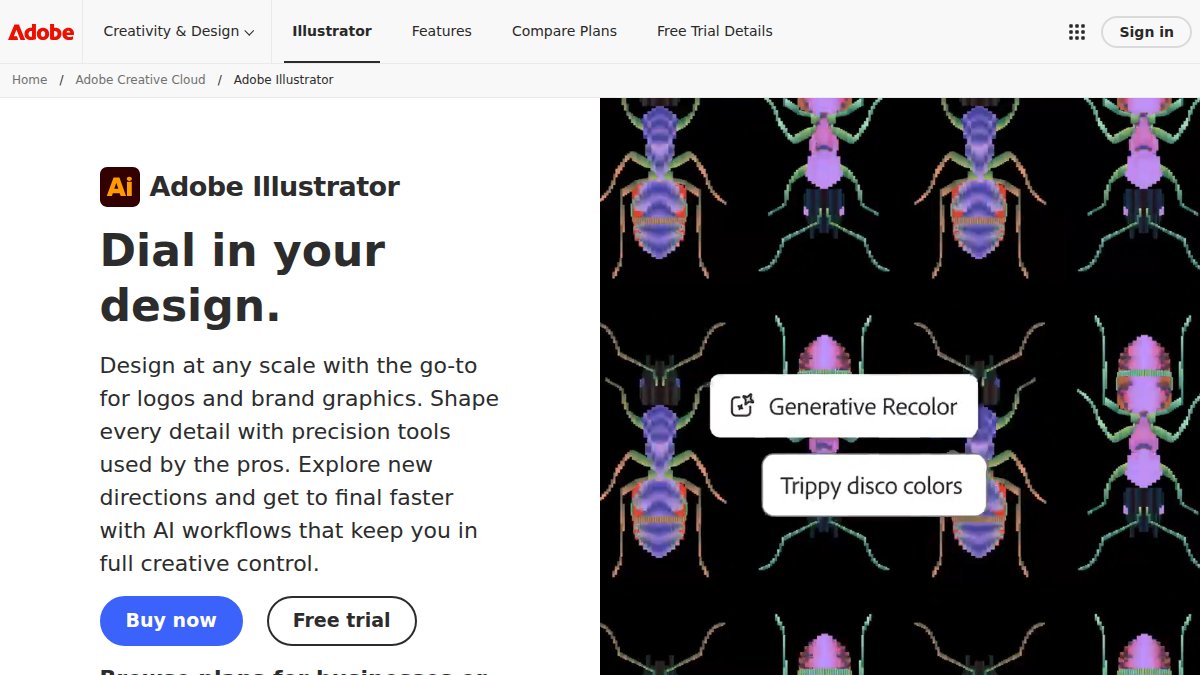 Screenshot of Illustrator page on adobe.com
