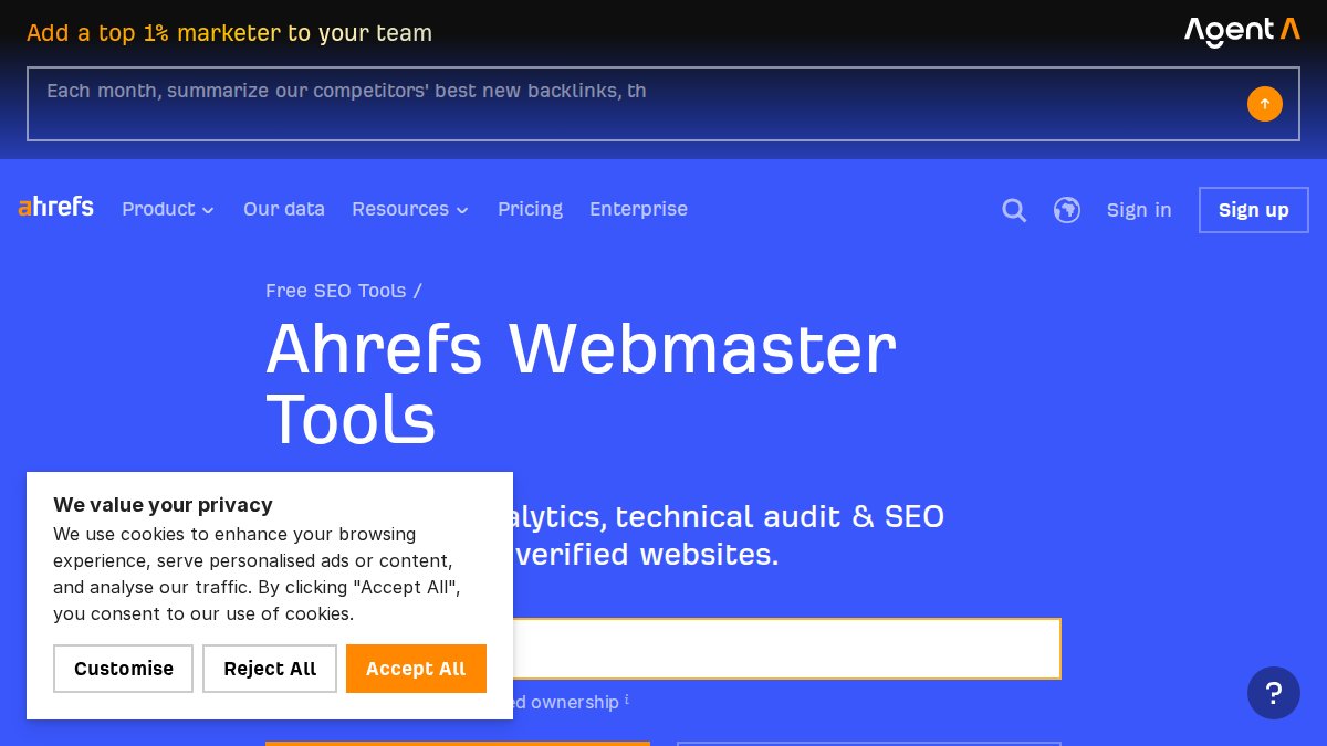 Screenshot of Webmaster Tools page on ahrefs.com