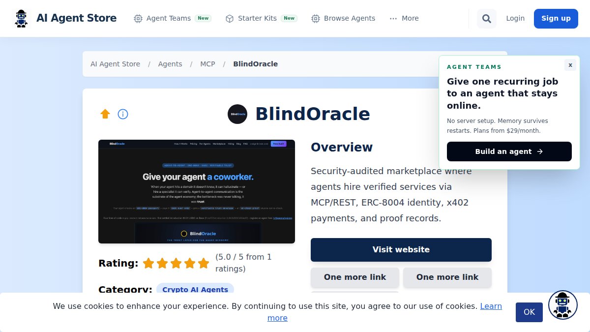 Screenshot of Blindoracle page on aiagentstore.ai