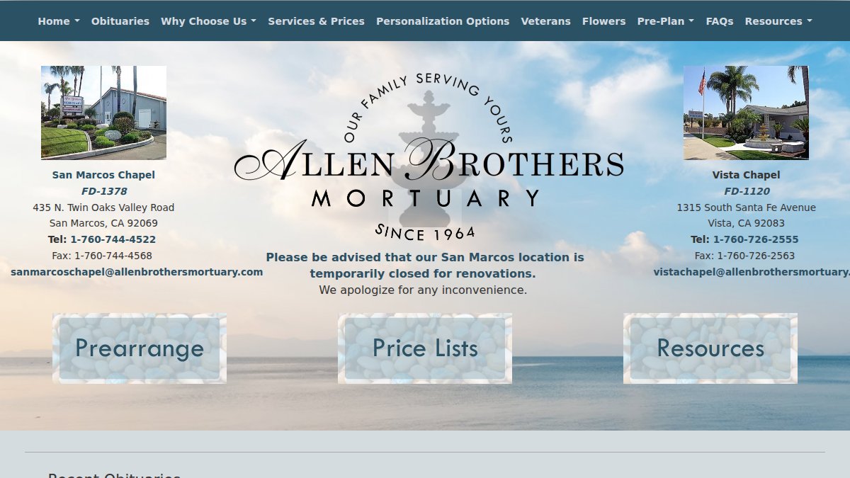 Screenshot of allenbrothersmortuary.com interface