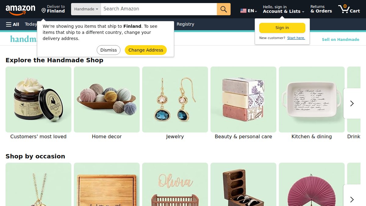 Screenshot of Handmade page on amazon.com