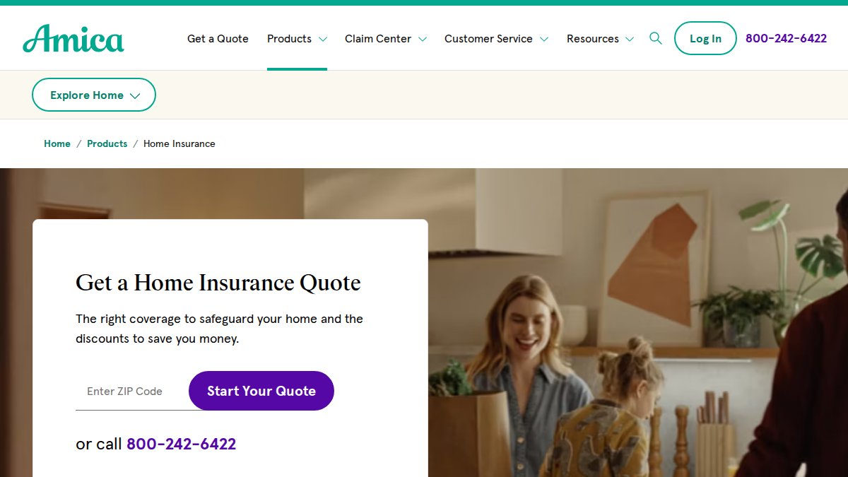 Screenshot of Home Insurance page on amica.com