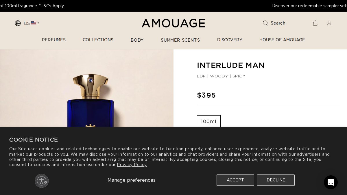 Screenshot of Interlude Man 100ml page on amouage.com