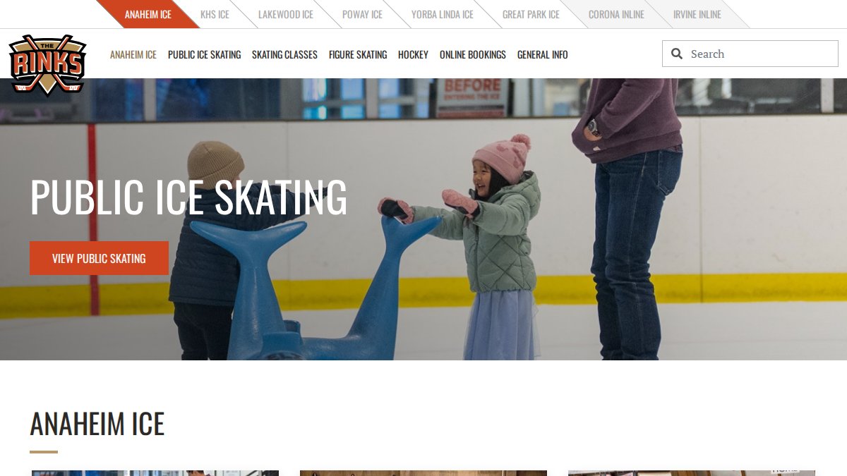 Screenshot of anaheimice.therinks.com interface