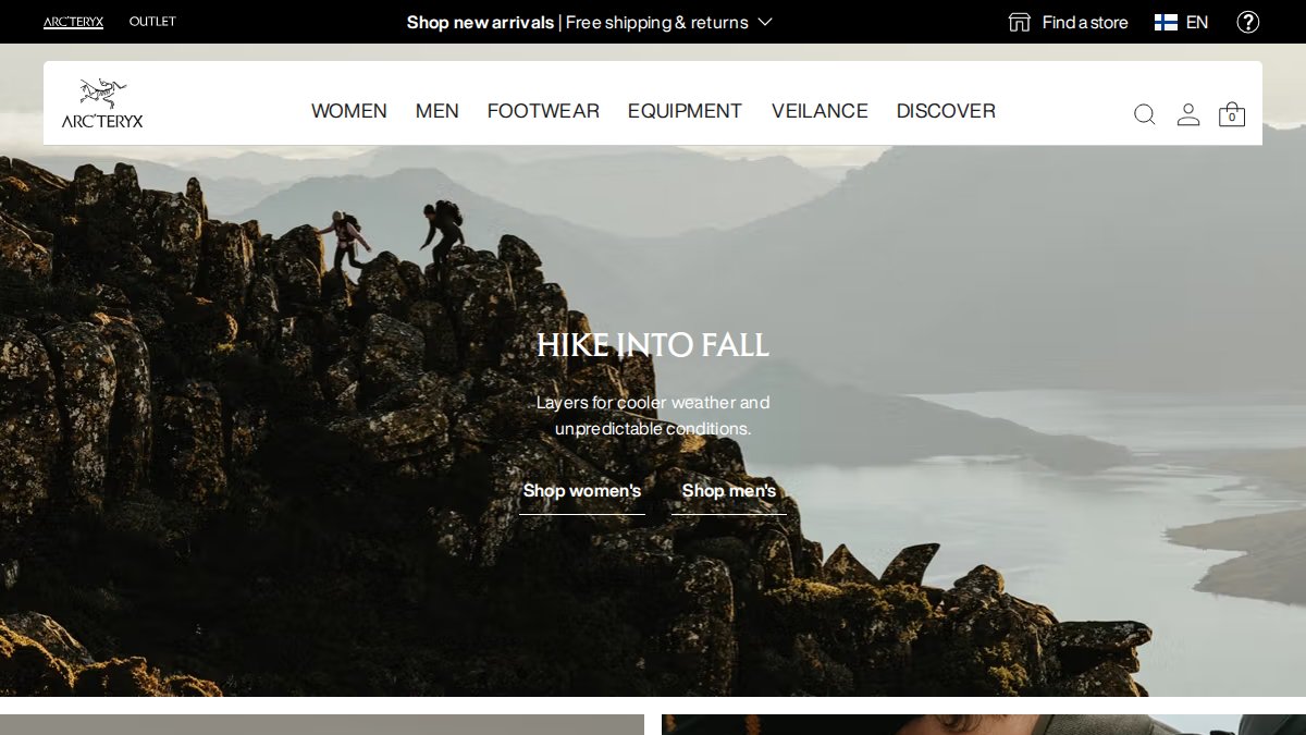 Screenshot of arcteryx.com interface