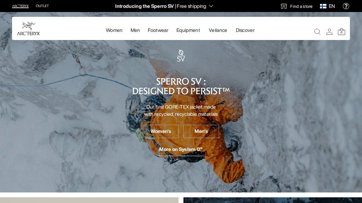 Screenshot of arcteryx.com interface