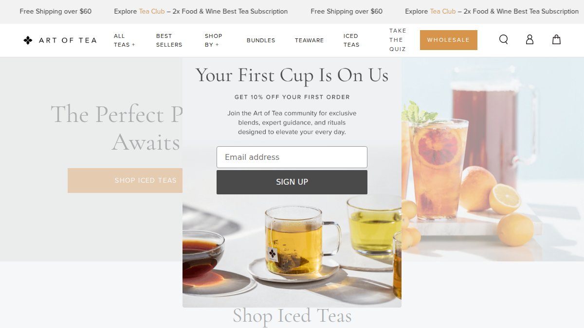 Screenshot of artoftea.com interface
