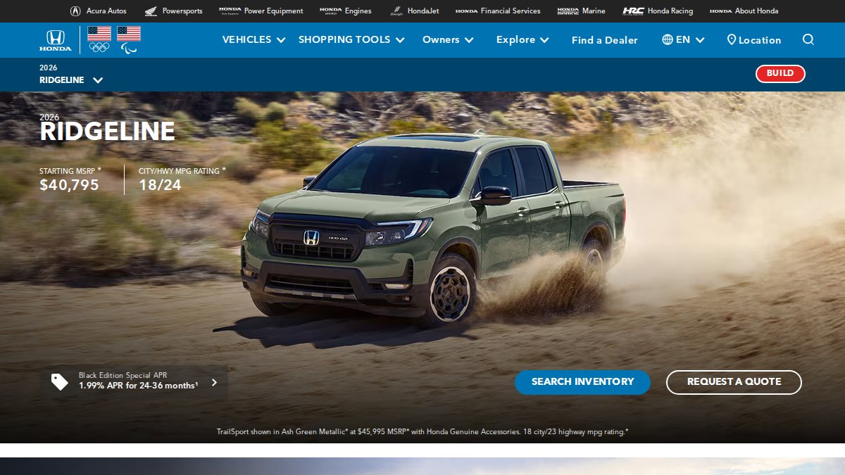 Screenshot of Ridgeline page on automobiles.honda.com