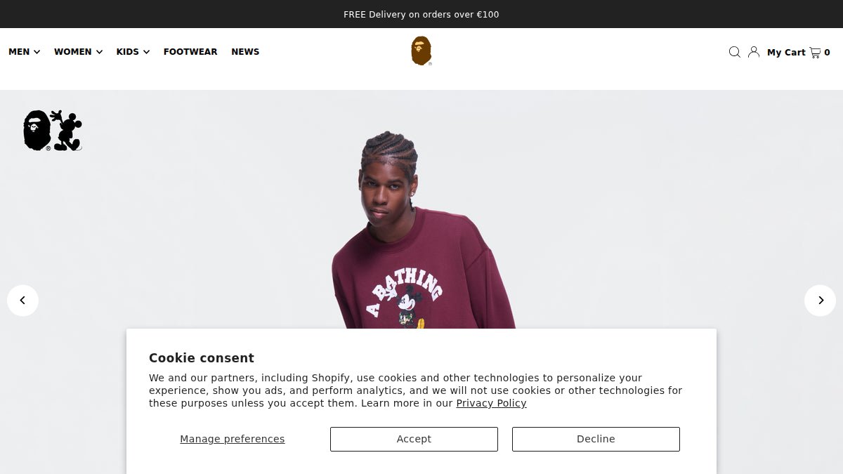 Screenshot of bape.com interface