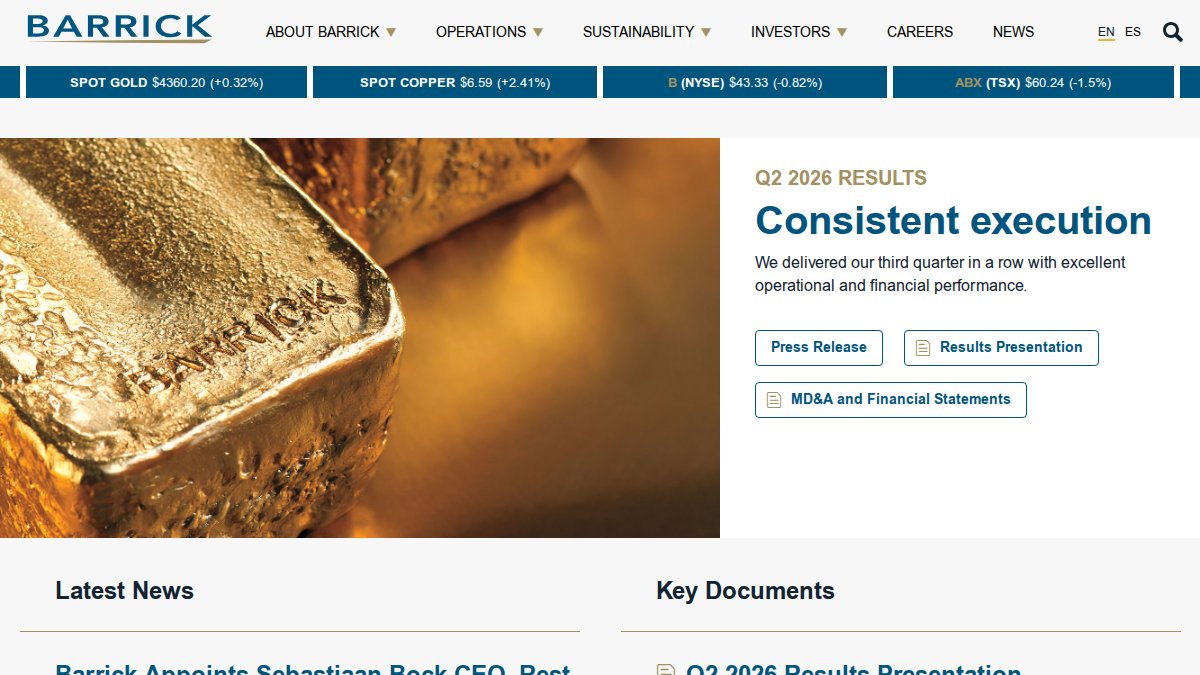 Screenshot of barrick.com interface