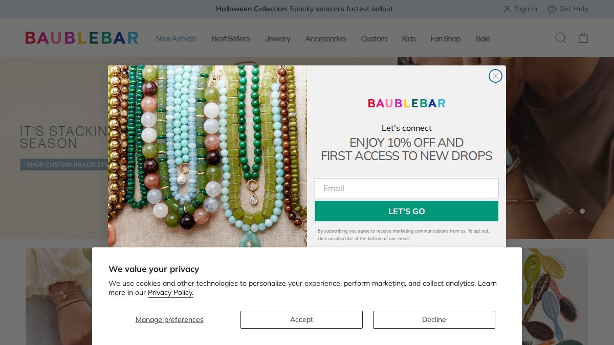 Screenshot of baublebar.com interface
