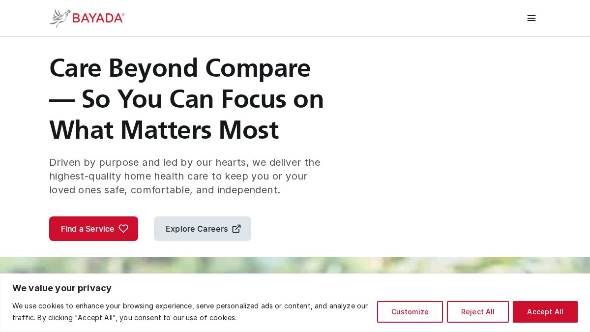 Screenshot of bayada.com interface