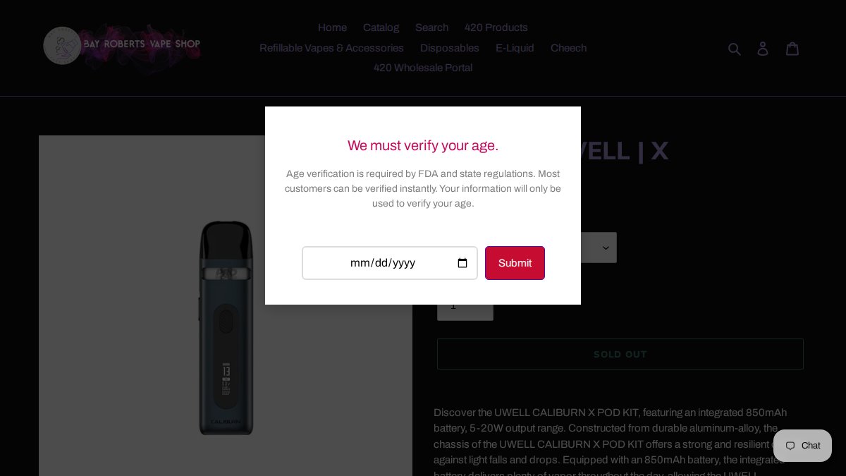 Screenshot of Caliburn Uwell X page on bayrobertsvapeshop.ca