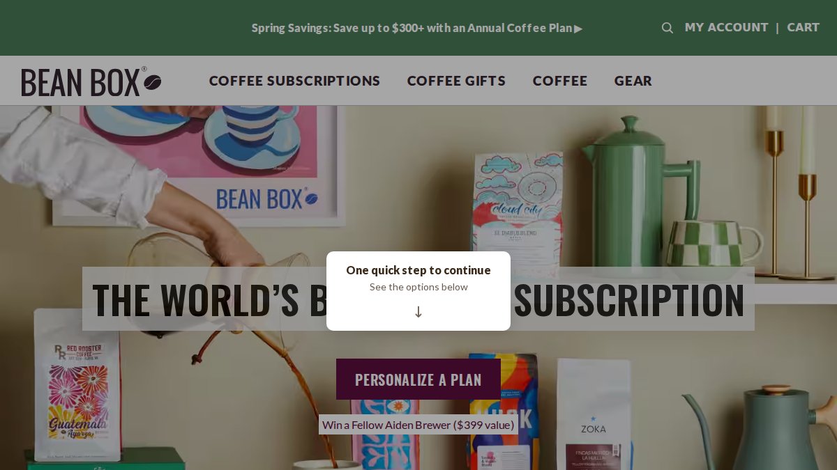 Screenshot of beanbox.com interface
