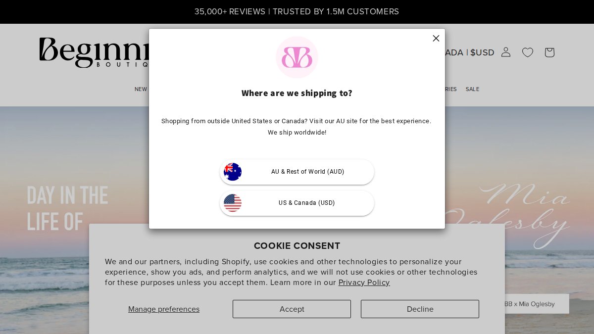 Screenshot of beginningboutique.com interface