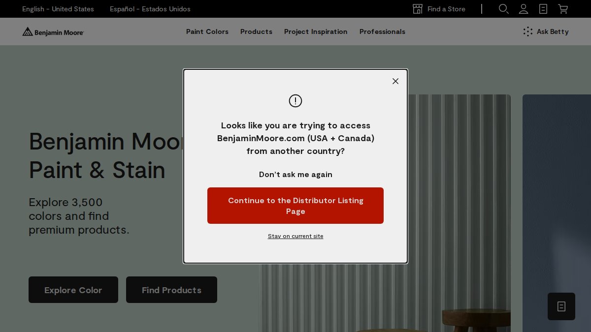 Screenshot of benjaminmoore.com interface