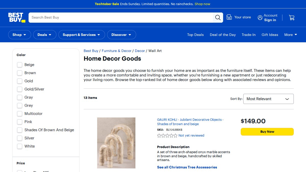 Screenshot of Home Decor Goods page on bestbuy.com