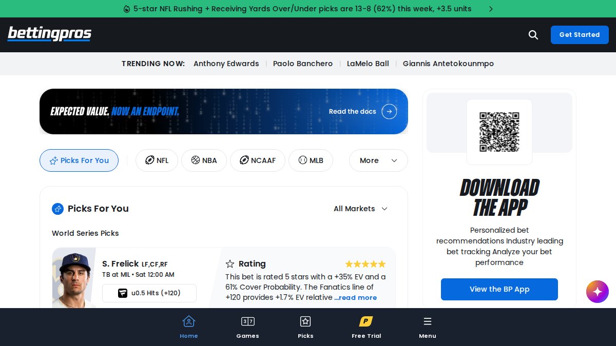 Screenshot of bettingpros.com interface