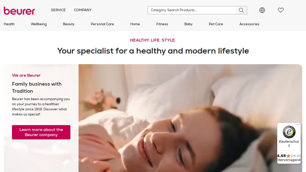 Snímek obrazovky rozhraní webu beurer.com
