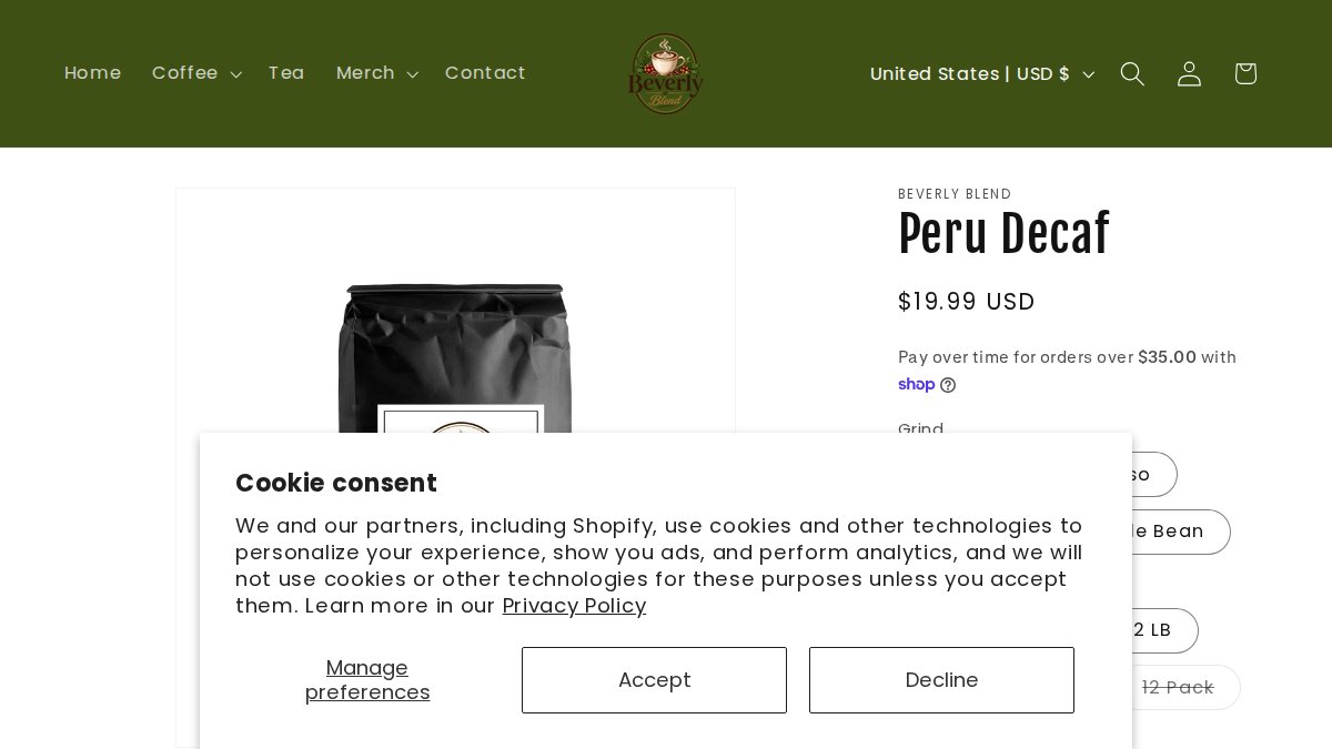 Screenshot of Peru Decaf page on beverlyblend.com