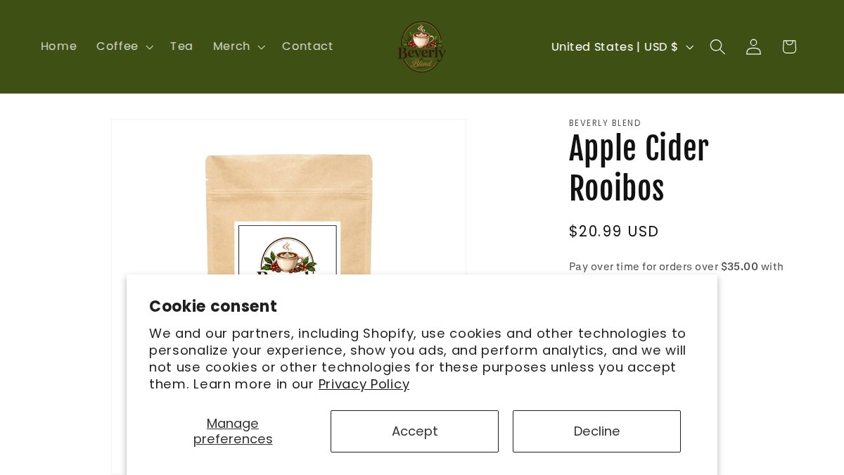 Screenshot of Apple Cider Rooibos page on beverlyblend.com