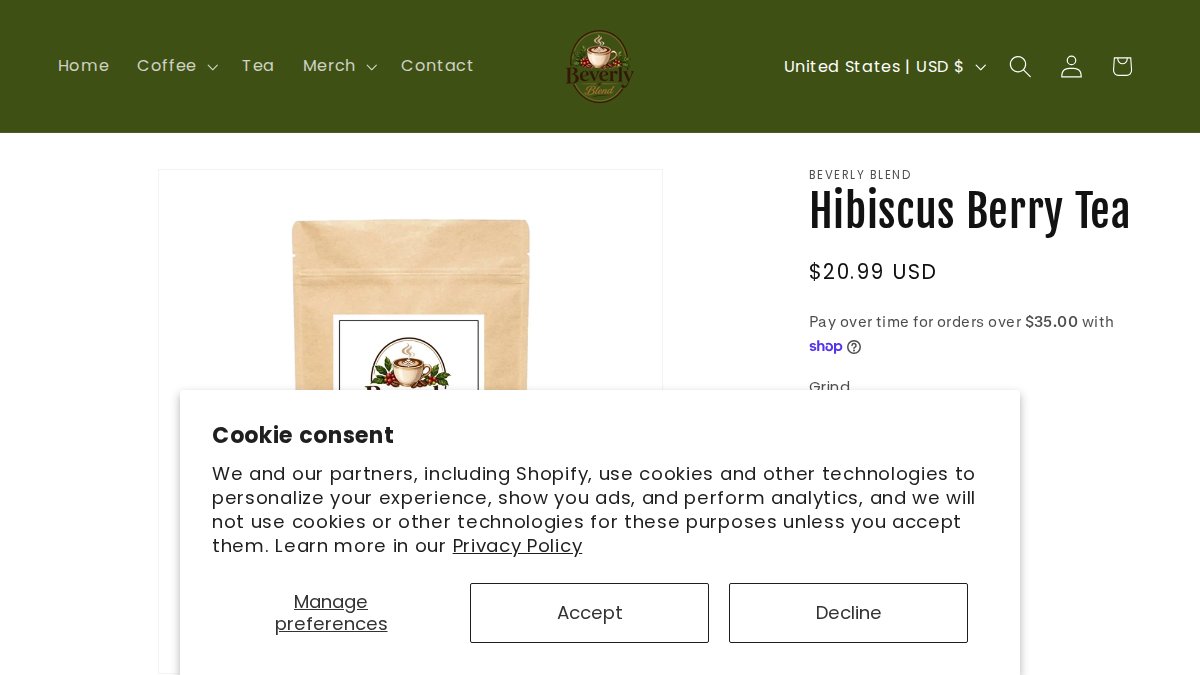 Screenshot of Hibiscus Berry Tea page on beverlyblend.com