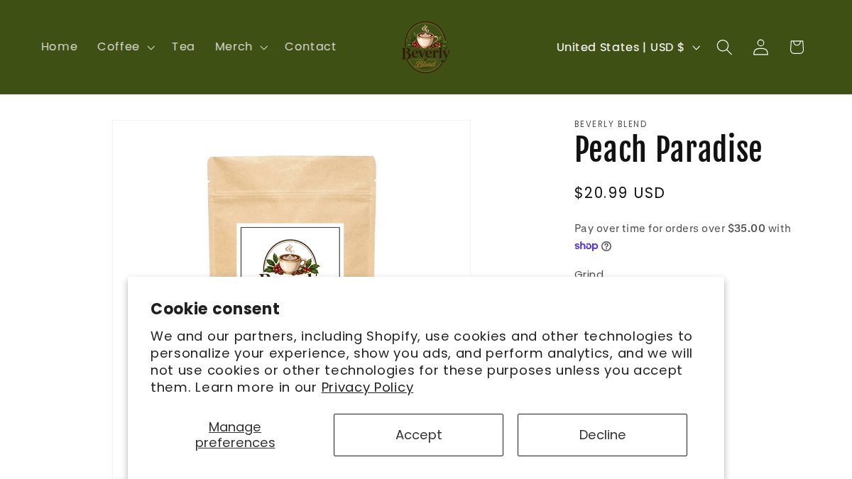 Screenshot of Peach Paradise page on beverlyblend.com