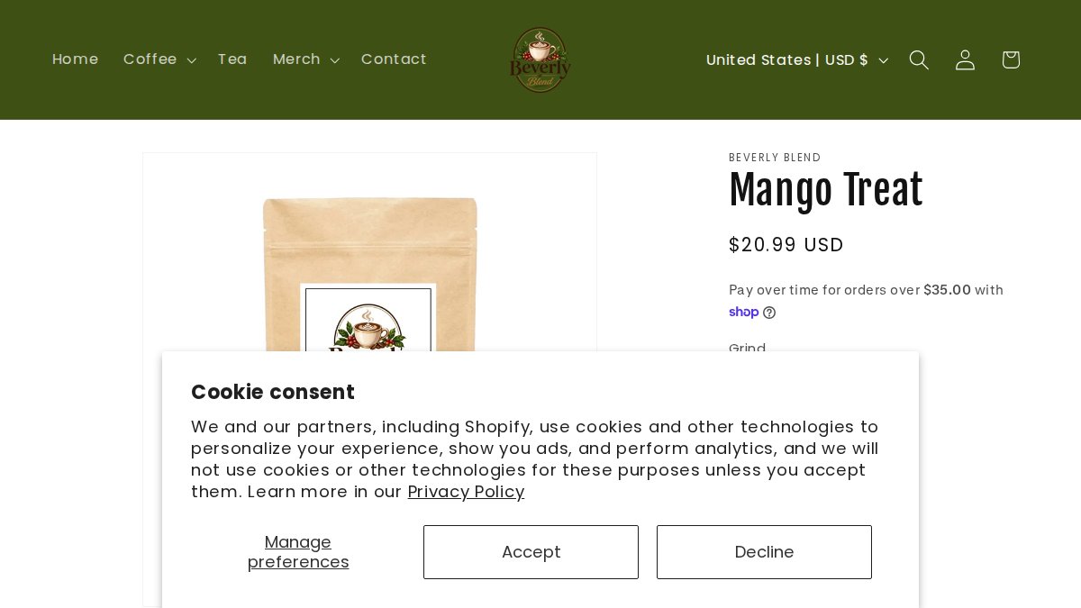 Screenshot of Mango Treat page on beverlyblend.com