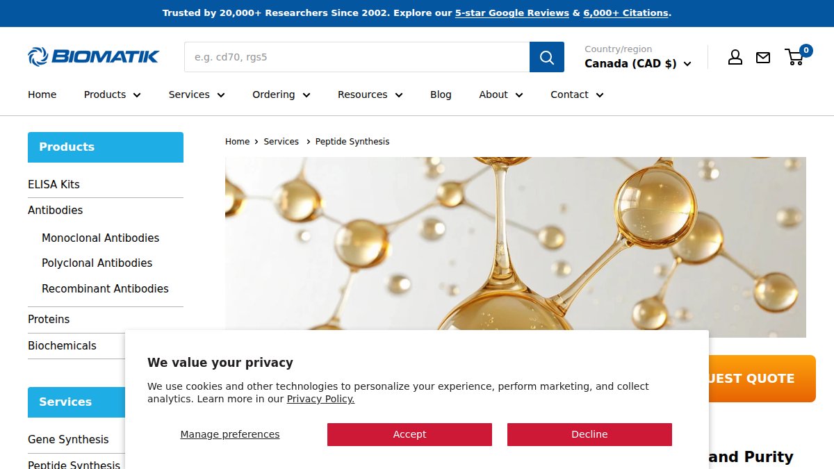 Screenshot of Peptide Synthesis page on biomatik.com