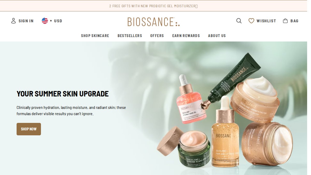Screenshot of biossance.com interface