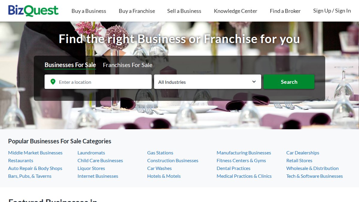 Screenshot of bizquest.com interface