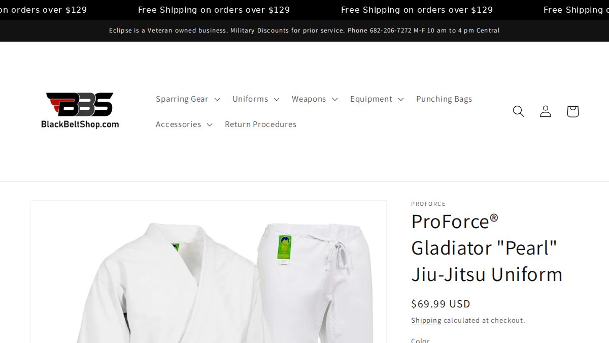 Screenshot of Proforce Gladiator Pearl Jiu Jitsu Uniform page on blackbeltshop.com