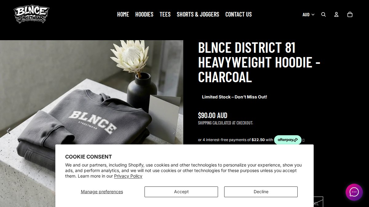 Screenshot of Blnce District 81 Heavyweight Hoodie Charcoal page on blncestreetwear.myshopify.com