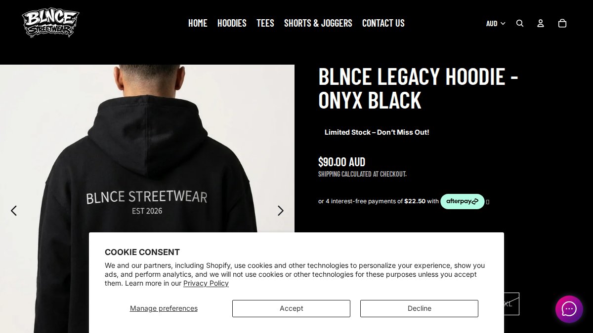 Screenshot of Blnce Legacy Hoodie Onyx Black page on blncestreetwear.myshopify.com