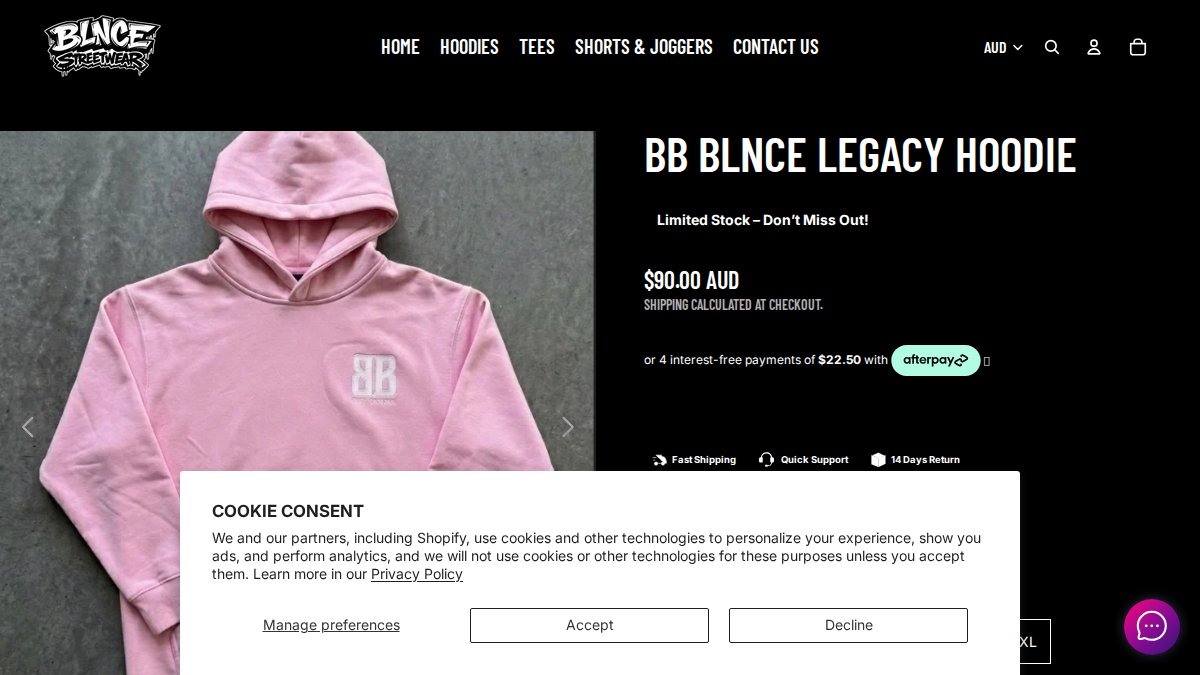 Screenshot of Bb Blnce Legacy Hoodie page on blncestreetwear.myshopify.com