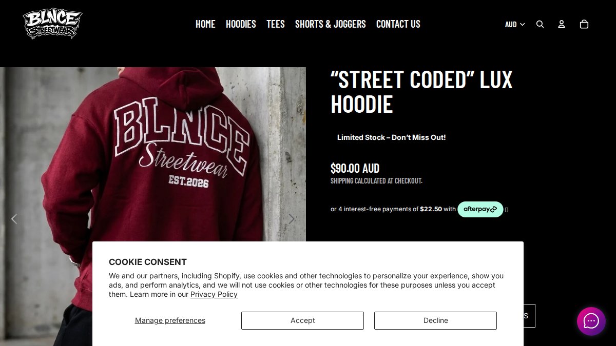 Screenshot of Street Coded Hoodie page on blncestreetwear.myshopify.com