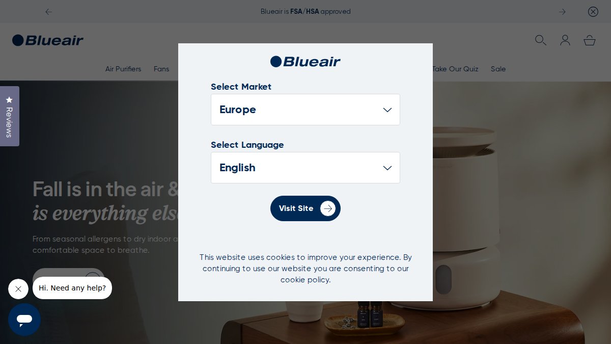 Screenshot of blueair.com interface
