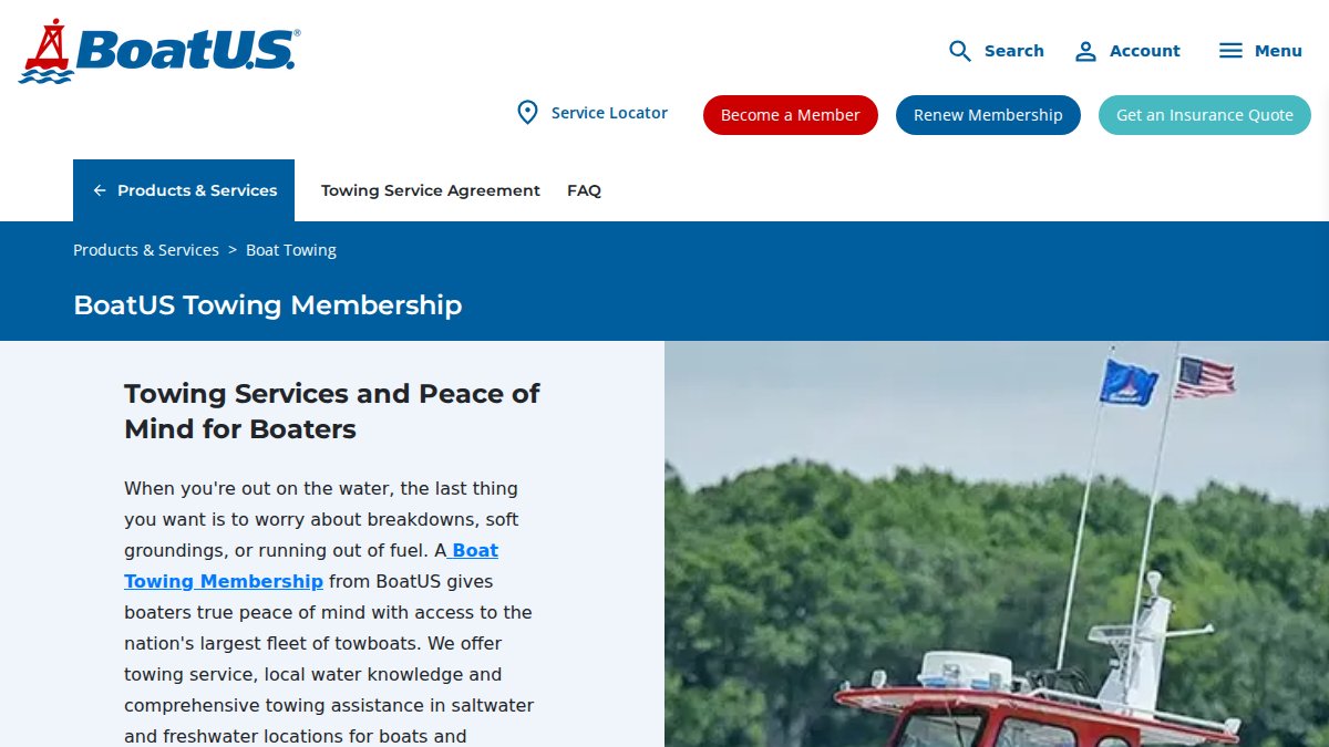 Screenshot of Towing page on boatus.com