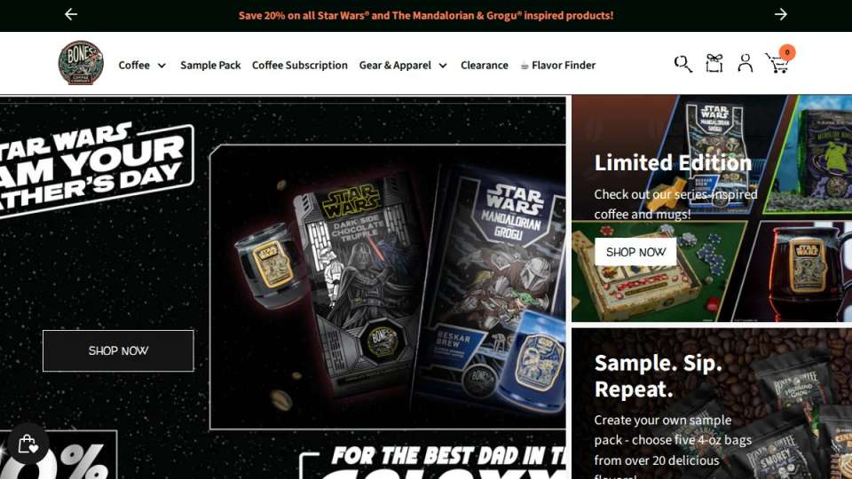 Screenshot of bonescoffee.com interface
