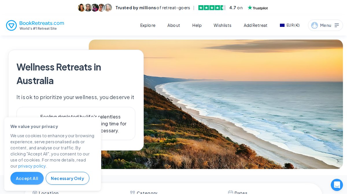 Screenshot of Australia page on bookretreats.com