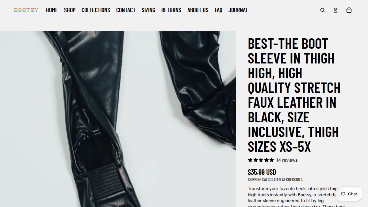 Screenshot of Best Black Thigh High Boot Sleeve page on bootsy.store