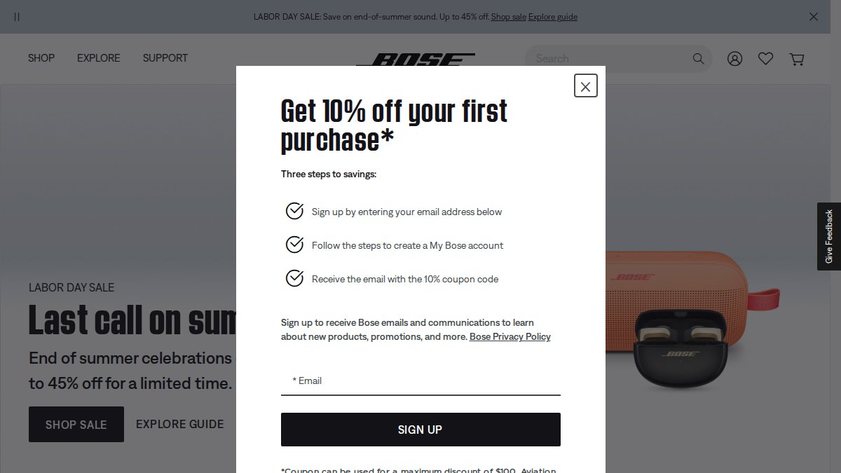 Screenshot of bose.com interface