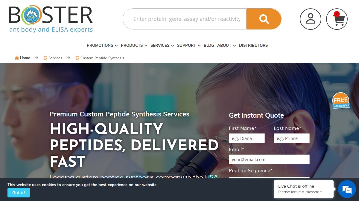Screenshot of Custom Peptide Synthesis page on bosterbio.com