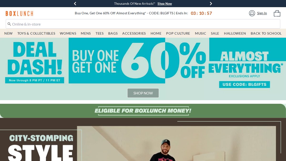 Screenshot of boxlunch.com interface