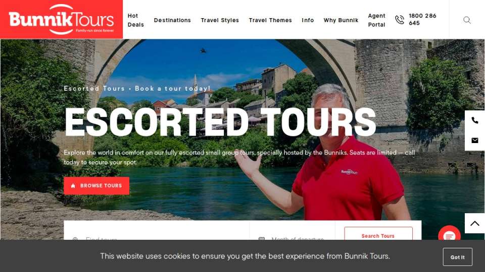 Screenshot of bunniktours.com.au interface
